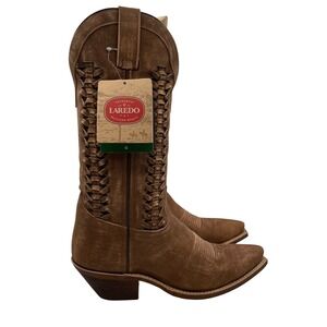 NEW $175 Laredo Ashlee Snip Toe Boots Tan Braided Leather Western Women 11 Brown